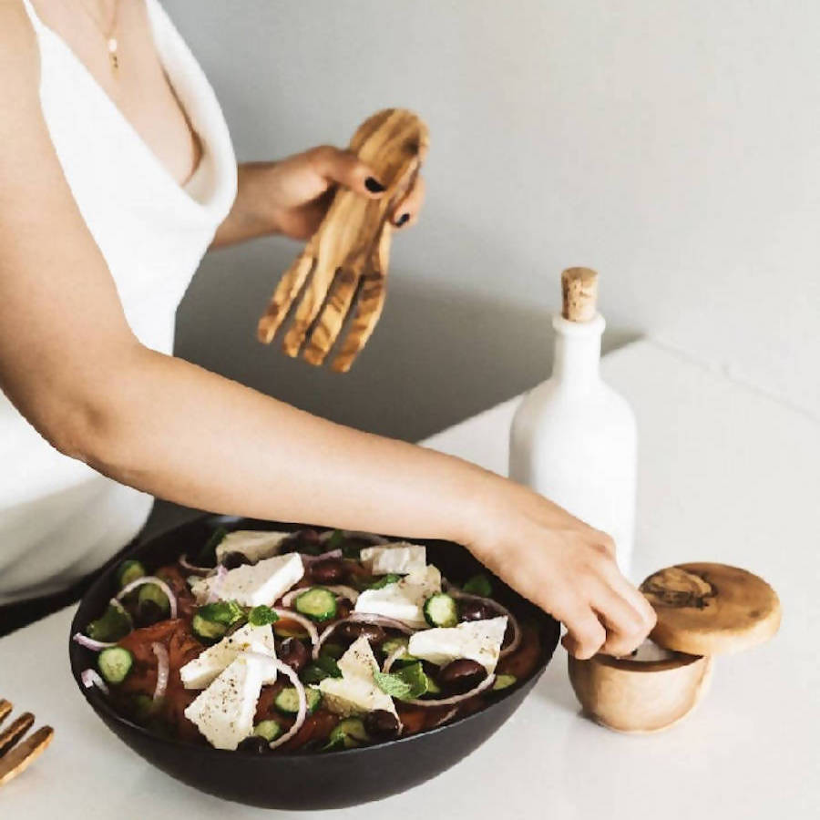 Olive Wood Salad Servers Flat Forks Set